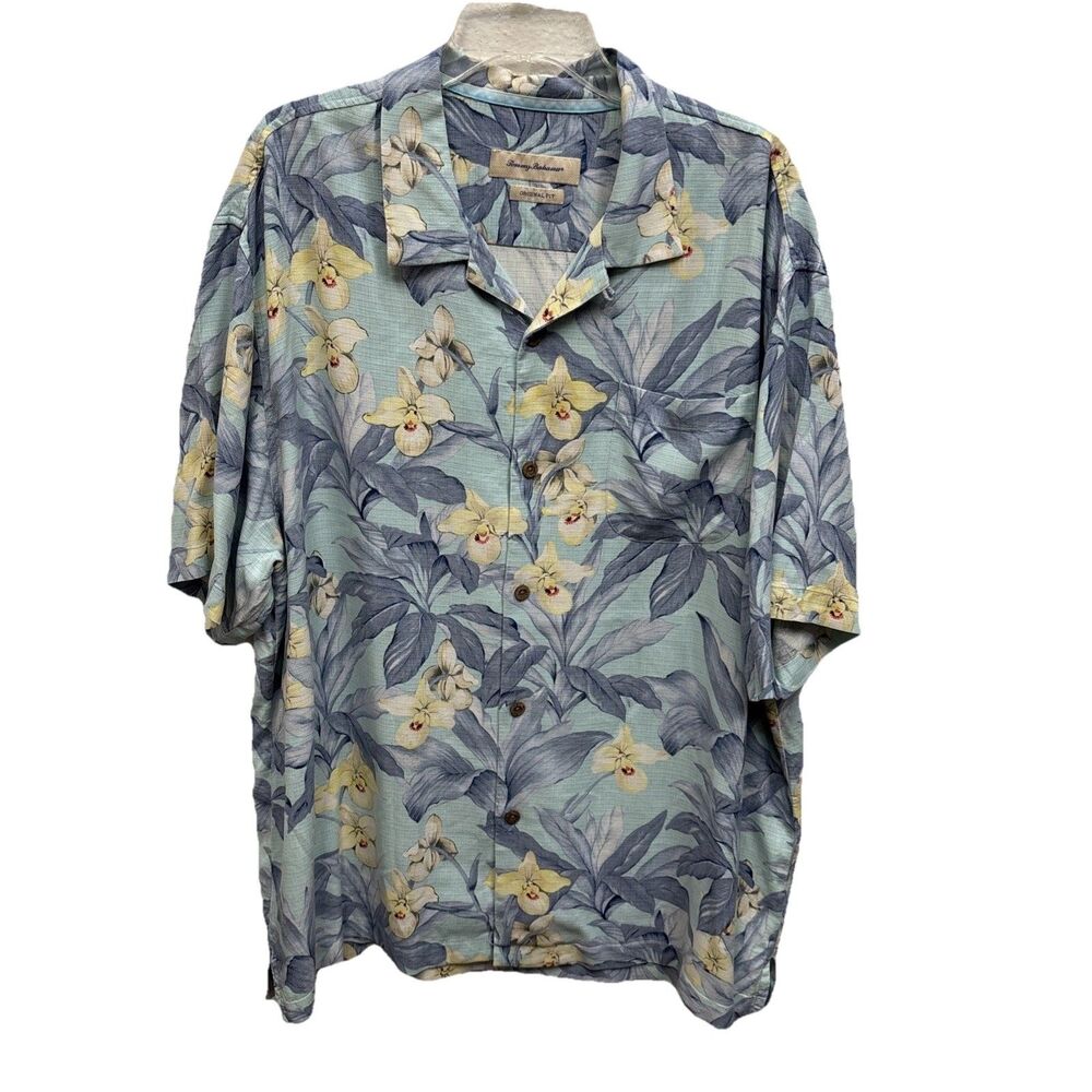 Tommy Bahama Men Silk Camp Shirt XXL Blue Leaf Orchid Print Hawaii Pocket Button